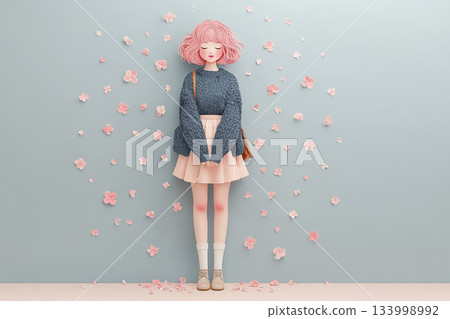 Emi系列：Emi在飄落的紙櫻花中微笑（剪紙，柔和） 133998992