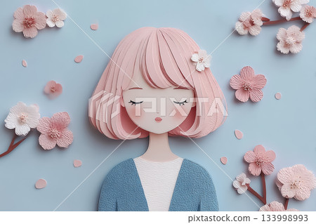 Emi系列：Emi在飄落的紙櫻花中微笑（剪紙，柔和） 133998993