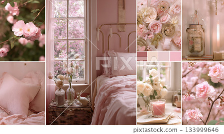 Spring bedroom with pink flowers, romantic atmosphere 133999646