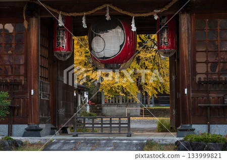 Ohatsuki ginkgo tree standing beyond the temple gate Ohatsuki ginkgo tree standing beyond the temple gate 133999821
