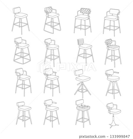 A detailed line art illustration showing a collection of sixteen different bar stools and counter stools. The designs feature various styles, including upholstered seats, backrests, armrests, 133999847