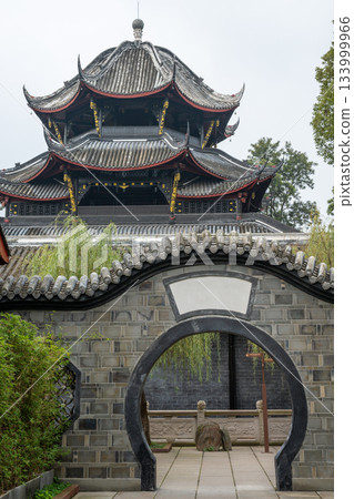 Visitors enjoy the beauty of historic Chengdu temple architectur Visitors enjoy the beauty of historic Chengdu temple architectur 133999966
