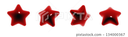 一組閃亮蓬鬆的星形3D圖示。血紅色裝飾材料。 一組閃亮蓬鬆的星形3D圖示。血紅色裝飾材料。 134000367