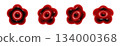 一套飽滿、光澤亮麗的3D花朵圖示。血紅色裝飾素材。 134000368