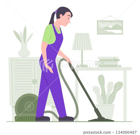 Janitor Woman Cleaning Room with Electric Vacuum Cleaner for Cleaning Service Occupation Concept Illustration 134000487