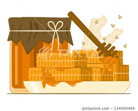 Honeycomb in Plate and Honey in Glass Jar with Honey Dipper for Natural Organic Healthy Food Concept Illustration Honeycomb in Plate and Honey in Glass Jar with Honey Dipper for Natural Organic Healthy Food Concept Illustration 134000489