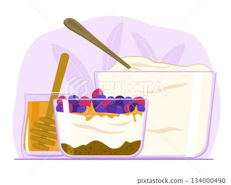 Yogurt in Glass Bowl with Berry, Crumble and Honey for Healthy Meal Eating and Dairy Product Concept Illustration Yogurt in Glass Bowl with Berry, Crumble and Honey for Healthy Meal Eating and Dairy Product Concept Illustration 134000490