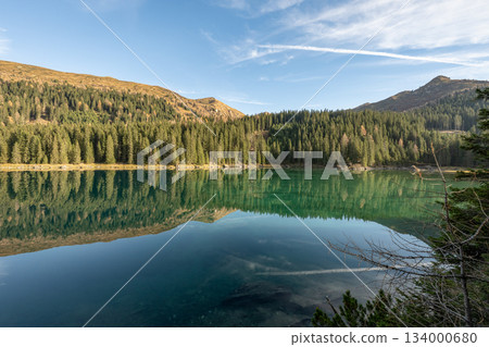 Summer time at romantic forest Lake Obernberg scenic mountain lakes landscape in Austria, Tyrol 134000680