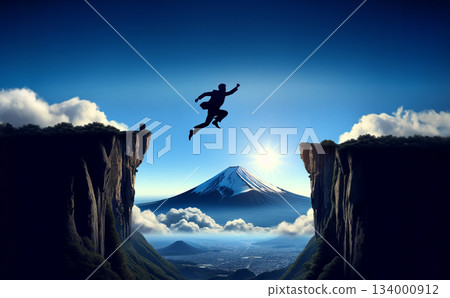 畫面中，一位商人挑戰自我，從懸崖上縱身躍下，背景是富士山和藍天。 134000912