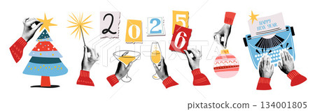 Happy New Year. A modern halftone collage featuring hands with the numbers 2026, holding a glass of champagne, and a sparkler. Vector illustration for greeting cards, posters, and banners. Happy New Year. A modern halftone collage featuring hands with the numbers 2026, holding a glass of champagne, and a sparkler. Vector illustration for greeting cards, posters, and banners. 134001805