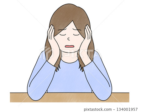 插圖描繪了一位手托下巴的女子和一位頭痛的女子 134001957
