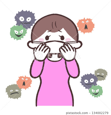 Illustration of a woman wearing a mask afraid of viruses Illustration of a woman wearing a mask afraid of viruses 134002279
