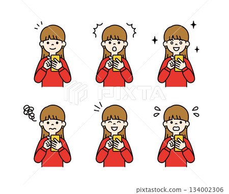 Vector illustration material set of young women and students with various facial expressions operating smartphones_Color 134002306
