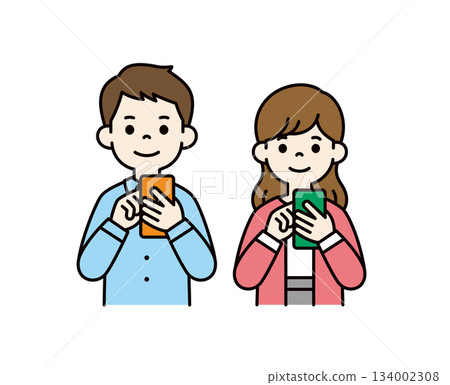 Upper body vector illustration set of men and women in their 20s and 30s operating smartphones_Color 134002308