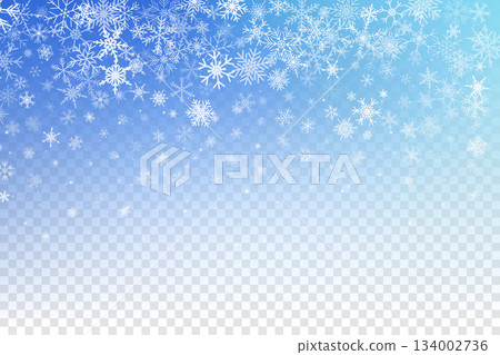 Winter sky with pattern of falling snowflakes on transparent texture. Blue frozen background with white icy crystals and flecks for Christmas design. Vector illustration 134002736