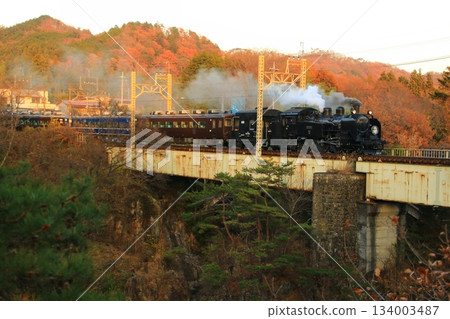 Late autumn evening glow... Crossing the Kinugawa Bridge [SL Taiju No. 6] C11207 134003487