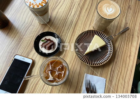 Flat lay image of coffee and desserts 134003708