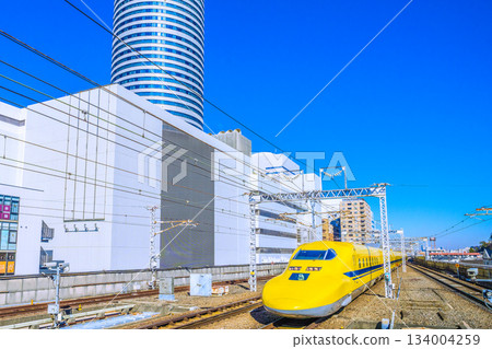 A rare sight in the cityscape of Yokohama, Japan. Views include the Shinkansen, Doctor Yellow, which brings good luck, and Yokohama Prince Hotel. Towards a new era 134004259