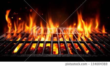 Grill Background - Empty Fired Barbecue On Black . Abstract dark glitter fire particles lights. 134004369