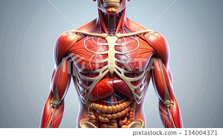 Ultra-realistic 3D rendering of a detailed anatomy of the human torso (internal organs and skeleton) clearly showing major organs and skeletal structures Ultra-realistic 3D rendering of a detailed anatomy of the human torso (internal organs and skeleton) clearly showing major organs and skeletal structures 134004371