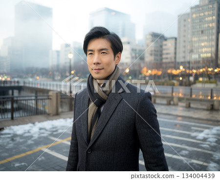 Commuting scene of Japanese businessmen going to work on a winter morning in a Japanese city 134004439