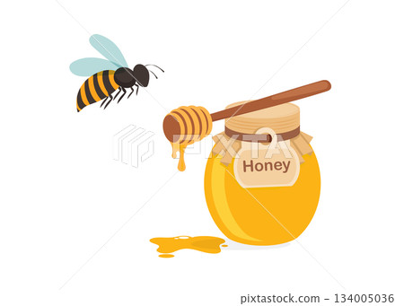 Honey in glass jar with honey dipper and bee. Vector cartoon flat illustration. stock illustration Honey in glass jar with honey dipper and bee. Vector cartoon flat illustration. stock illustration 134005036