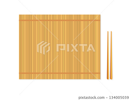 Two sushi chopsticks with empty bamboo mat or wood plate stock illustration 134005039