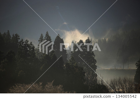 透過山間縫隙可以看到藍天,霧氣在針葉林間升騰,鐵軌也清晰可見。 透過山間縫隙可以看到藍天,霧氣在針葉林間升騰,鐵軌也清晰可見。 134005542