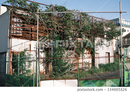 鏽跡斑斑的廢棄建築,爬滿了常春藤,天空湛藍。 鏽跡斑斑的廢棄建築,爬滿了常春藤,天空湛藍。 134005826