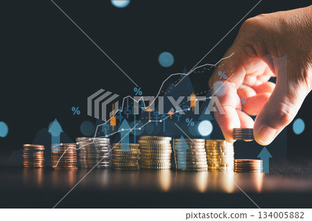 Concept of business finance investment is reflected in world of capital gain, stacks of coins, cash, currency represent economic growth, illustrated through financial graphs, charts, market reports. Concept of business finance investment is reflected in world of capital gain, stacks of coins, cash, currency represent economic growth, illustrated through financial graphs, charts, market reports. 134005882