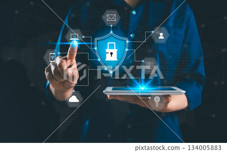 Interacts virtual interface featuring padlock icon, concept of data protection privacy under GDPR, EU regulation, cybersecurity technology secures personal information internet networks, connection. Interacts virtual interface featuring padlock icon, concept of data protection privacy under GDPR, EU regulation, cybersecurity technology secures personal information internet networks, connection. 134005883