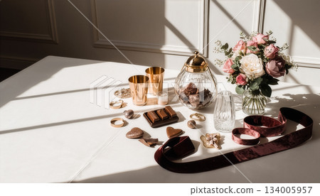 【高清圖片/禮品】窗外光影交錯,美不勝收。桌上擺放著一份奢華的禮物:玫瑰、巧克力和緞帶。 【高清圖片/禮品】窗外光影交錯,美不勝收。桌上擺放著一份奢華的禮物:玫瑰、巧克力和緞帶。 134005957