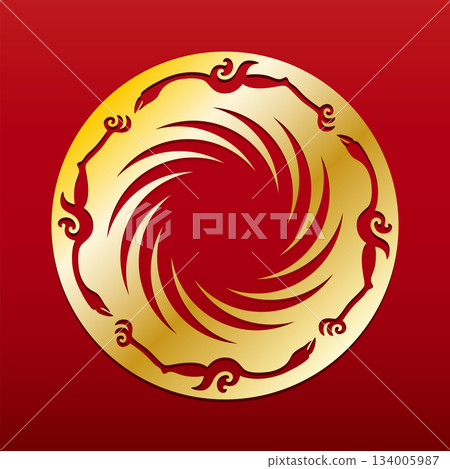 Golden Sun Bird on red field. Sun and Immortal Birds Gold Ornament, a pattern, cut from a ring-shaped piece of ancient Chinese gold foil. Four birds flying around a 12-pointed sunburst pattern. Vector 134005987