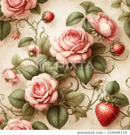 Vintage Seamless Pattern with Pink Roses and Strawberry Botanical Illustration Vintage Seamless Pattern with Pink Roses and Strawberry Botanical Illustration 134006119