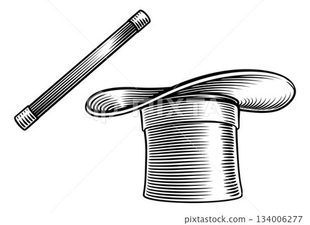 Magic Hat and Wand Woodcut Illustration 134006277