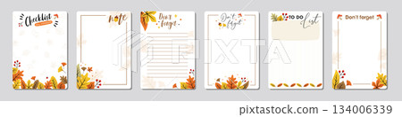 A set of cute hand-drawn illustrations in a flat style, featuring autumn leaves, for notebook interior page design, using vector image frames. 134006339