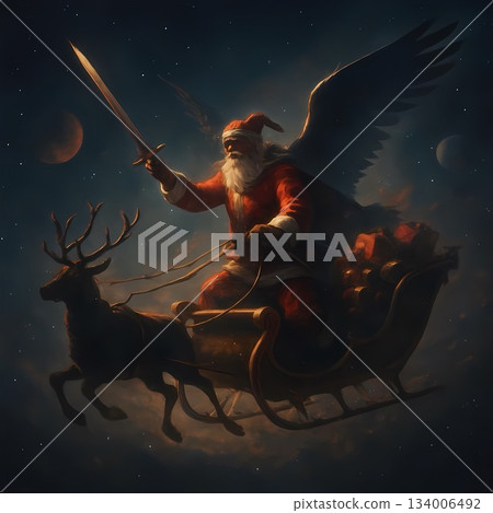 Santa riding a reindeer sleigh Santa riding a reindeer sleigh 134006492