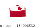 Red envelope with white card and red heart decoration, open, isolated on white background, romantic and festive 134006532