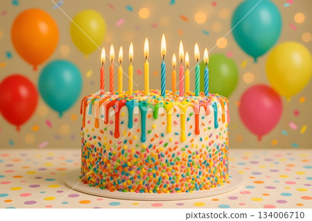 生日蛋糕，上面有彩色糖霜和蠟燭 134006710