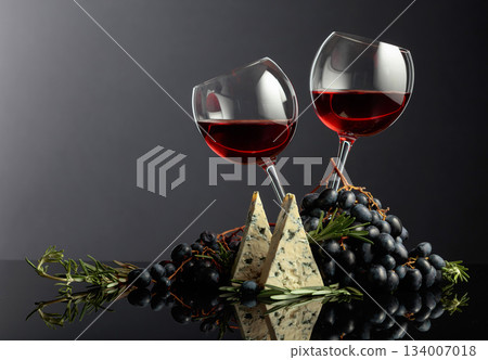 Red wine with grapes, rosemary, and blue cheese. Red wine with grapes, rosemary, and blue cheese. 134007018
