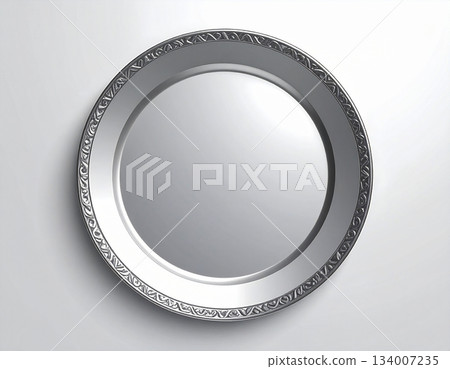 Dining culture. Metal tray isolated on white background. Serving plate. Top view. Dining culture. Metal tray isolated on white background. Serving plate. Top view. 134007235