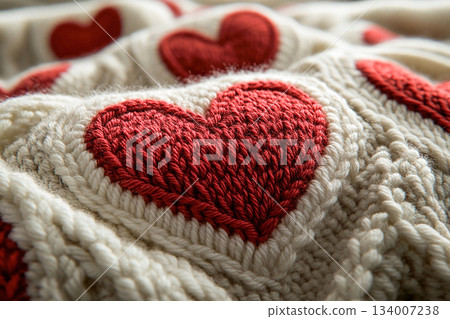 Wool yarns. Red heart pattern is crochet on a modern sweater. Creative hobby. Valentines Day concept. Wool yarns. Red heart pattern is crochet on a modern sweater. Creative hobby. Valentines Day concept. 134007238