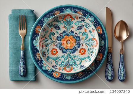Luxury home decor. Bright silverware set. Fork, knife and spoon. Casual dining or lifestyle. Kitchenware and dining products. 134007240