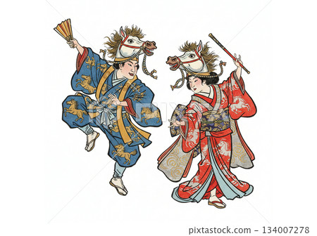 戴著馬頭飾跳舞的男女 134007278