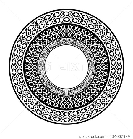 Decorative round ornament. Black and white ethnic pattern. Circle european border. Typical egyptian, assyrian and greek motives. Template for textiles, engraving, forging, embroidery, plate 134007389
