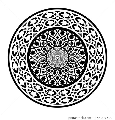Ethnic decorative element. Islam, Arabic, Indian, ottoman motifs. Circle european border. Typical egyptian, assyrian and greek motives. For textiles, engraving, forging, embroidery, plate, medallion 134007390