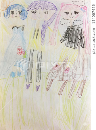A group of three close friends drawn by kindergarteners 134007426