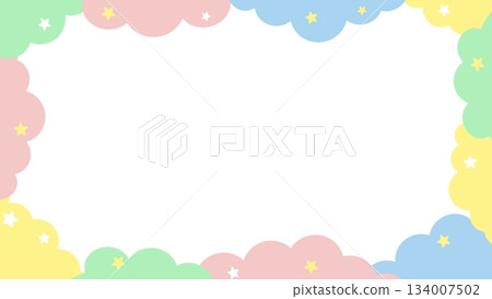 夢幻般的雲朵和星星可愛的邊框背景 134007502