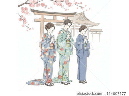 A woman wearing a kimono visits the shrine 134007577