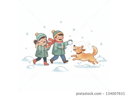 孩子在雪地和狗玩耍 孩子在雪地和狗玩耍 134007631
